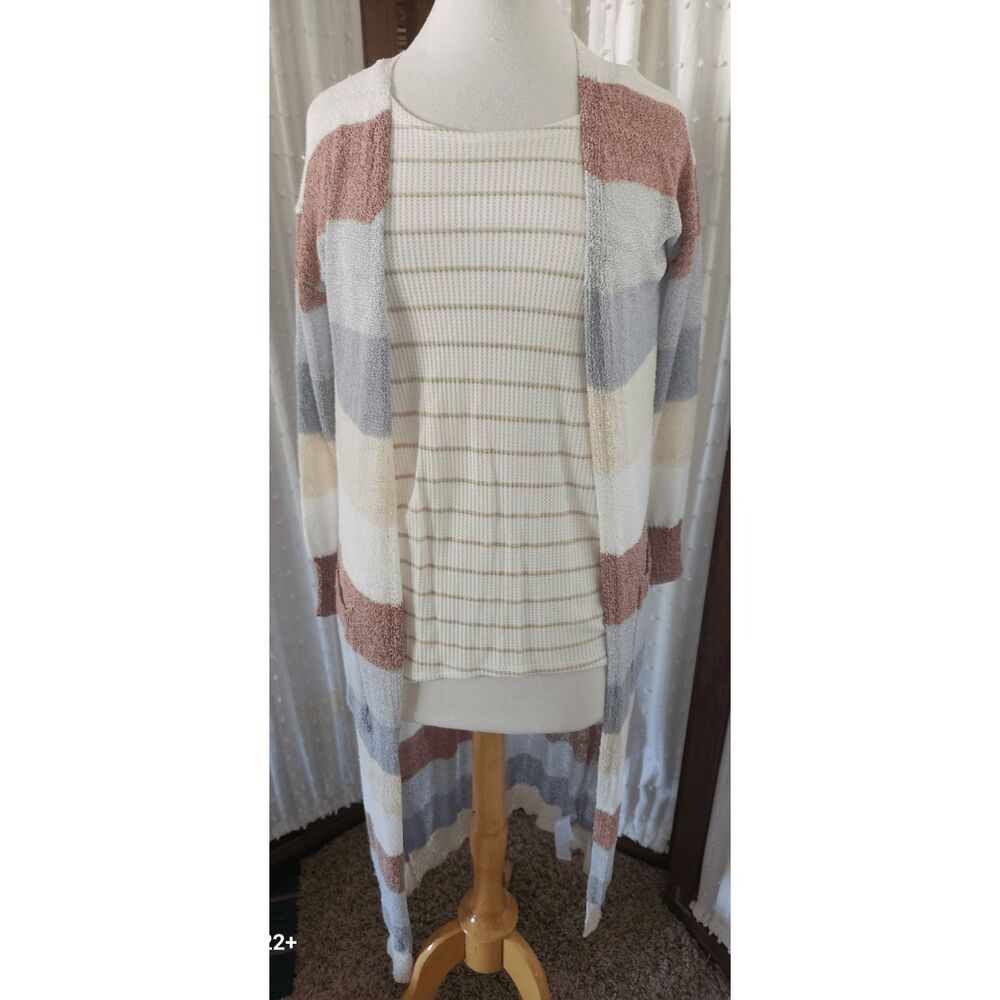 C8 Cozy Casual long open front sweater Cardigan brown white tan & gray striped